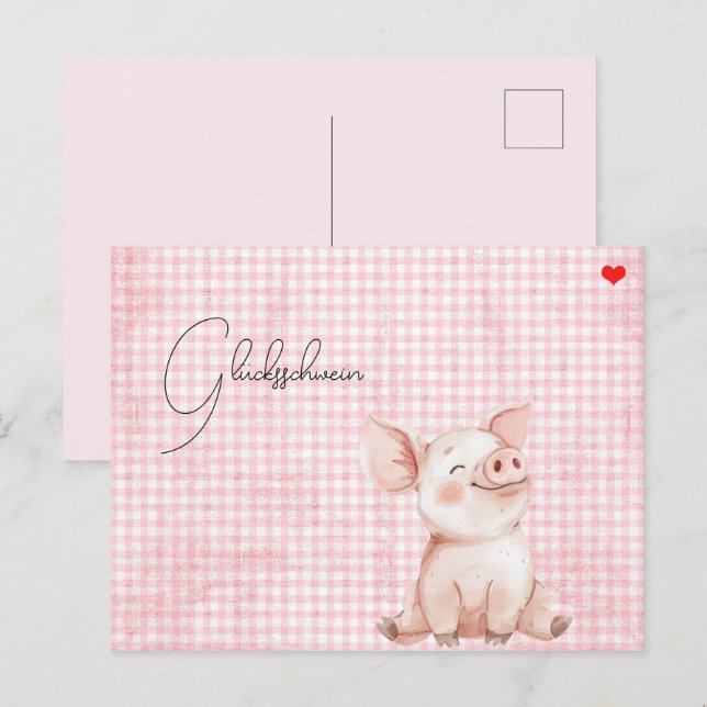 rosa Glücksschwein-Karte Postcard Postkarte Vykort (Fram/baksida)