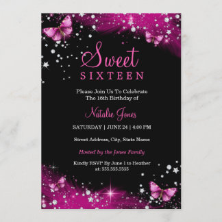Rosa Gnistra Butterfly Diamond Sweet 16 Inbjudan