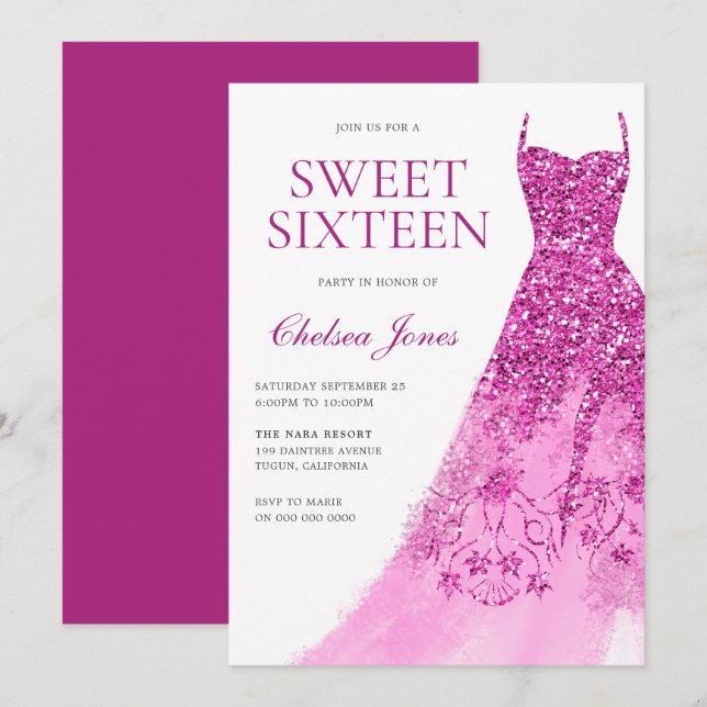Rosa Gnistra Dress Sweet 16 Sexton Party Inbjudningar (Fram/baksida)