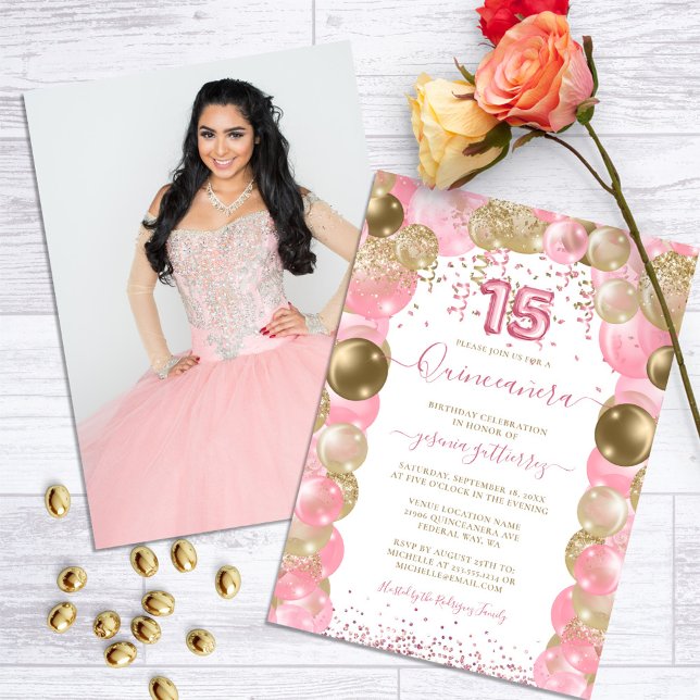 Rosa Gnistra Glam Quinceañera Balloon Photo Inbjudningar (Pink Quinceanera Balloon Photo Invitation)