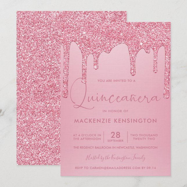  Rosa Gnistra Glitter Drips Quinceañera Quinceañer Inbjudningar (Fram/baksida)