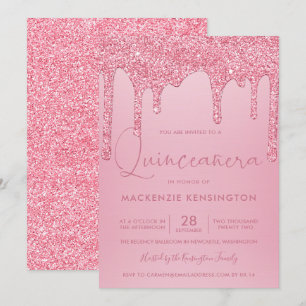 Rosa Gnistra Glitter Drips Quinceañera Quinceañer Inbjudningar