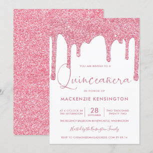 Rosa Gnistra Glitter Drips Quinceañera Quinceañer Inbjudningar