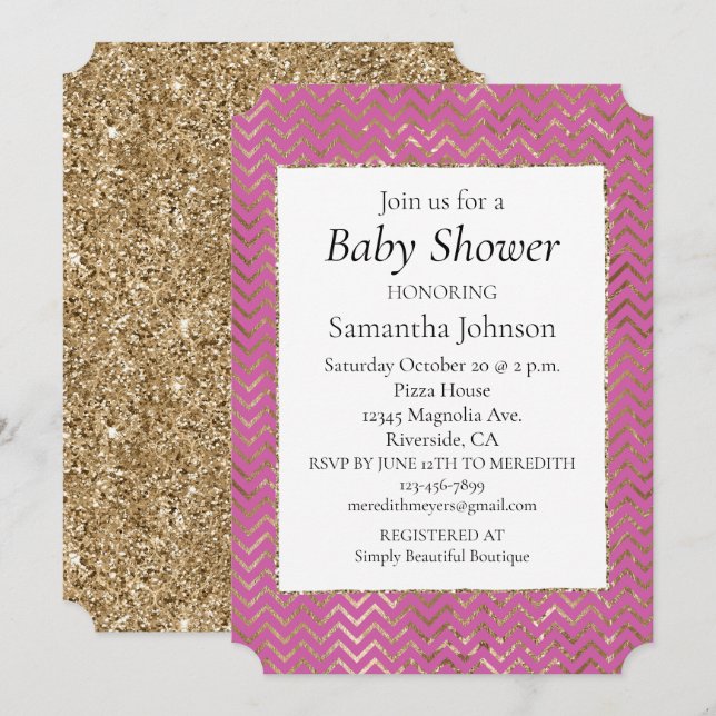 Rosa Gnistra glitter Guld Zigzag Baby Shower Inbjudningar (Fram/baksida)