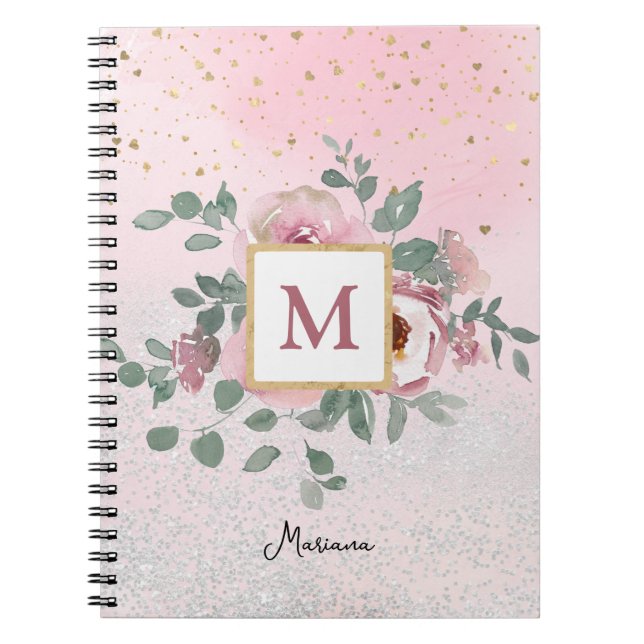 Rosa Gnistra Glitter Monogram Girl Daily Diary Anteckningsbok (Framsidan)