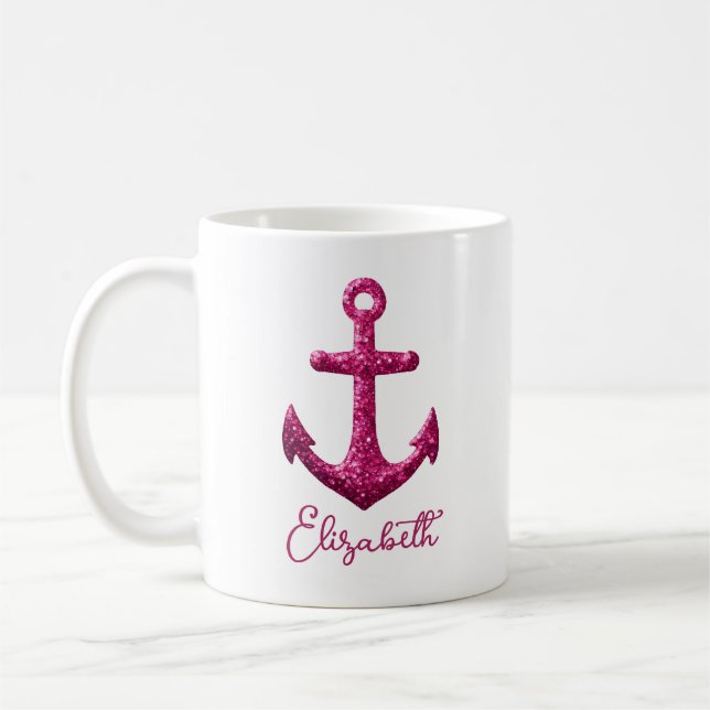 Rosa Gnistra Glitter Nautical Sailing Anchor Namn Kaffemugg (Vänster)