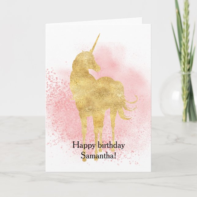 Rosa Gnistra Guld Unicorn Birthday Kort (Framsida)