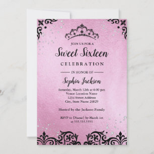 Rosa Gnistra Tiara Damask Sweet sixteen Inbjudningar