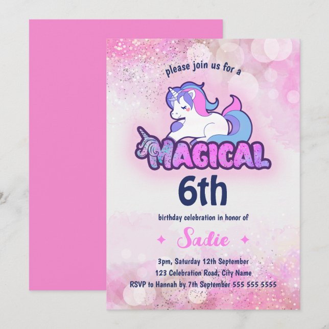 Rosa Gnistra Unicorn Magic any Age 6e Birday Inbjudningar (Fram/baksida)