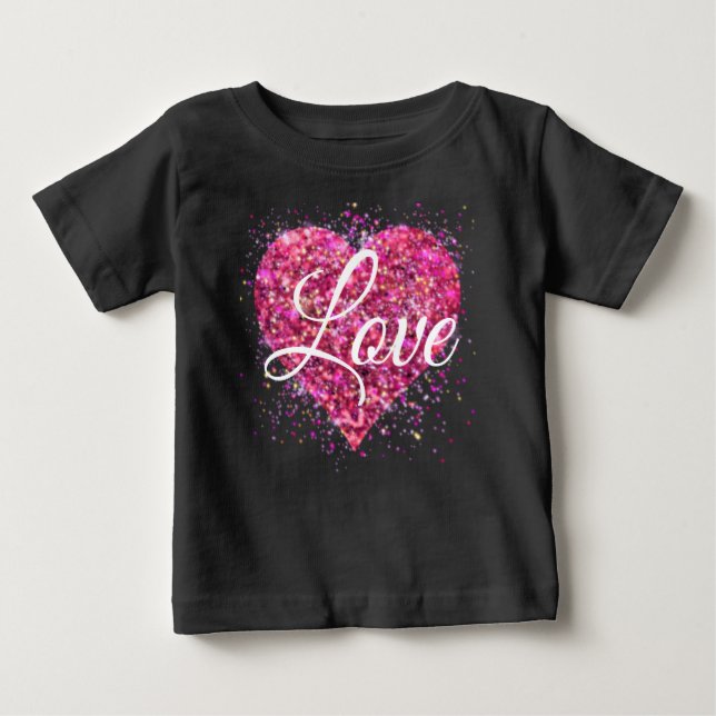 Rosa gnistrande glitterhjärta kärlek t shirt (Framsida)