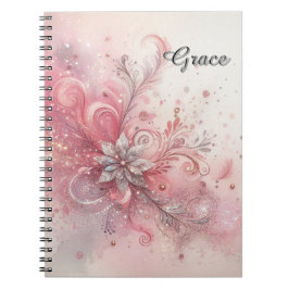 Rosa gnistrande silver glitter blomma personlig   anteckningsbok