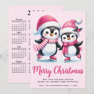 Rosa God jul Cute Ice Skating Penguins Julkort