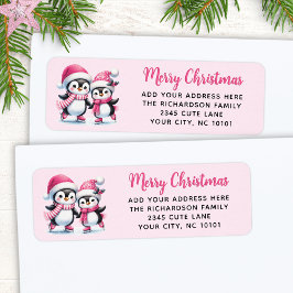 Rosa God jul Cute Ice Skating Penguins Returadress Etikett