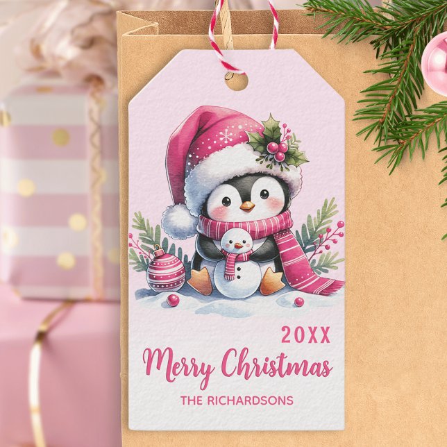 Rosa God jul Cute Penguin-Personligen Presentetikett (Skapare uppladdad)