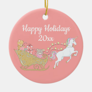 Rosa God Jul Enhörning Jultomtens släde Julgransprydnad Keramik