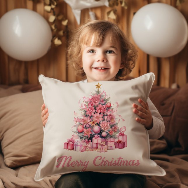 Rosa God Jul Höjdags Träd Gåvor  Kudde (Cute pink Christmas tree "Merry Christmas" decorator pillow.)