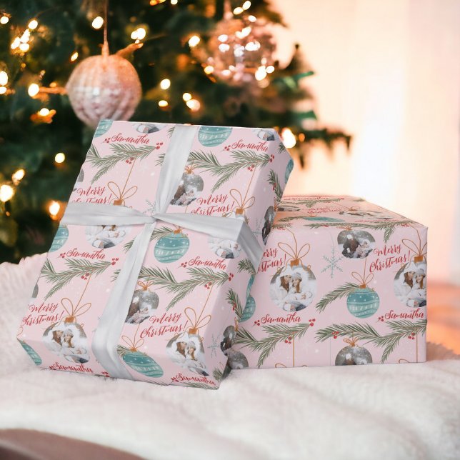 Rosa god jul illustration namn 2-foton presentpapper (Pink merry Christmas illustration name 2 photos Wrapping Paper)