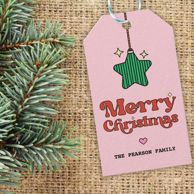 Rosa God jul Line Mönster Star Ornament Presentetikett (cute retro sparkly green star ornament merry christmas gift tag)