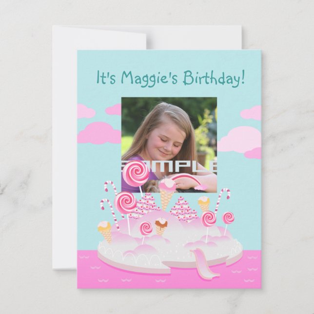 Rosa godis världskaka för födelsedagsfest inbjudningar (Framsida)