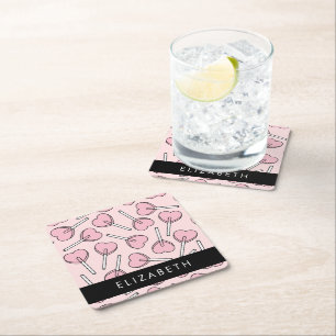 Rosa godisar, hjärta godisar, lolly, Ditt Namn Underlägg Papper Kvadrat