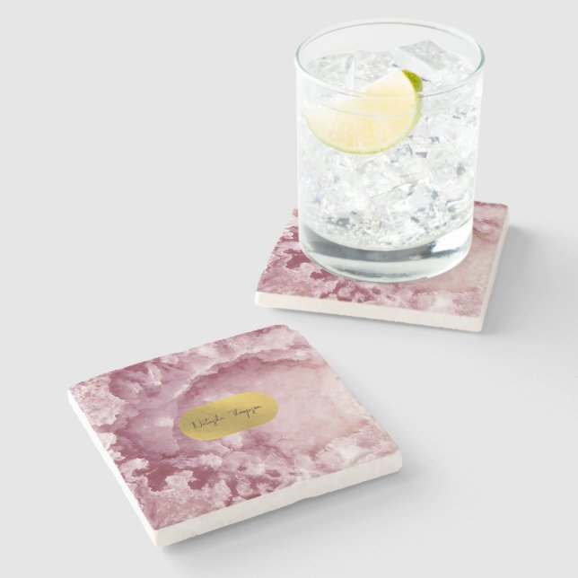 Rosa Gold Foil Sea Crystals Namnteckning Stenunderlägg (Sidan)