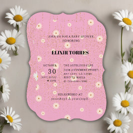 Rosa Golden Daisy Glitter Glow Baby Shower Inbjudningar