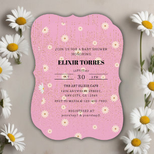 Rosa Golden Daisy Glitter Glow Baby Shower Inbjudningar