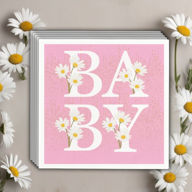 Rosa Golden Daisy Glitter Glow Baby Shower Pappersservett (Skapare uppladdad)