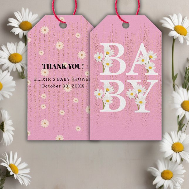 Rosa Golden Daisy Glitter Glow Baby Shower Presentetikett (Skapare uppladdad)