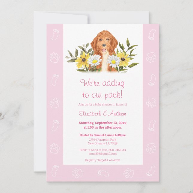 Rosa Golden Doodle Hund Baby Shower-inbjudan Inbjudningar (Framsida)