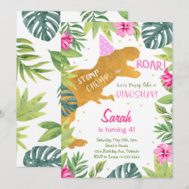 Rosa Golden Glitter Dinosaur Girls Birthday Inbjud Inbjudningar