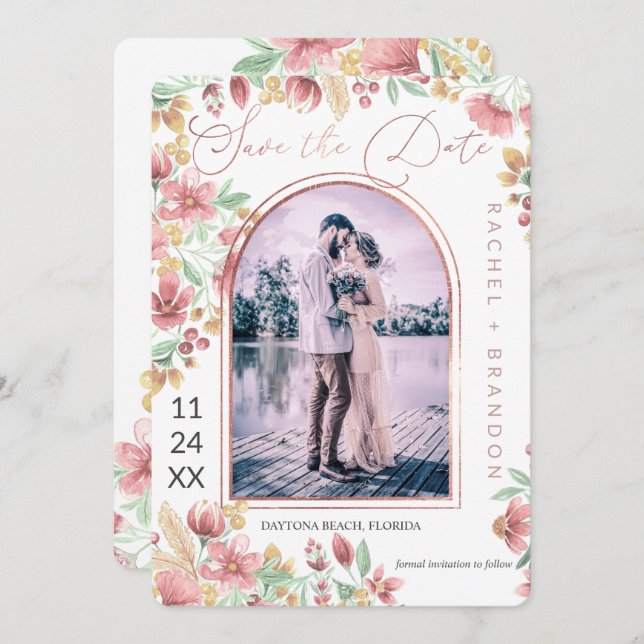 Rosa Golden Gult Blommigt Arch Photo Bröllop Spara Datumet (Fram/baksida)
