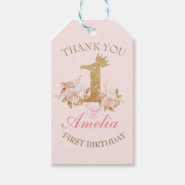 Rosa Golden Krona Princess 1:a födelsedagen Party Presentetikett