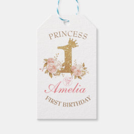 Rosa Golden Krona Princess 1:a födelsedagen Party Presentetikett