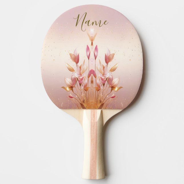 Rosa Golden Löv Blommigt Ping Pong Paddle Pingisracket (Framsidan)