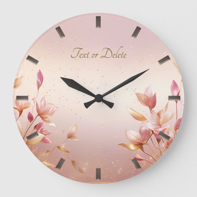 Rosa Golden Löv Blommigt Wall Clock Stor Klocka (Framsida)