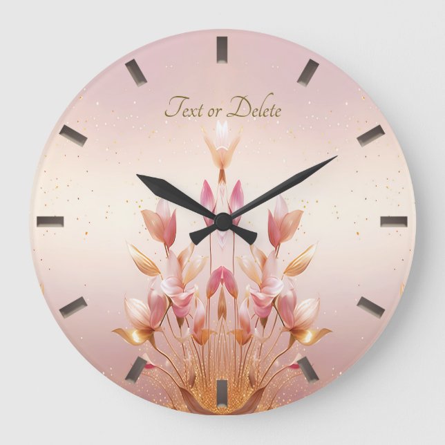 Rosa Golden Löv Blommigt Wall Clock Stor Klocka (Framsida)
