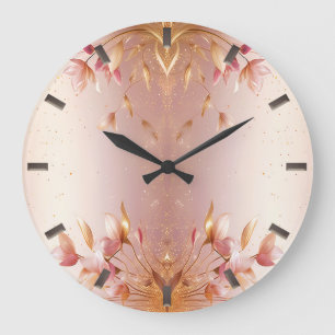 Rosa Golden Löv Blommigt Wall Clock Stor Klocka