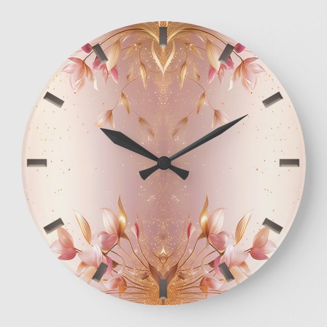 Rosa Golden Löv Blommigt Wall Clock Stor Klocka (Framsida)