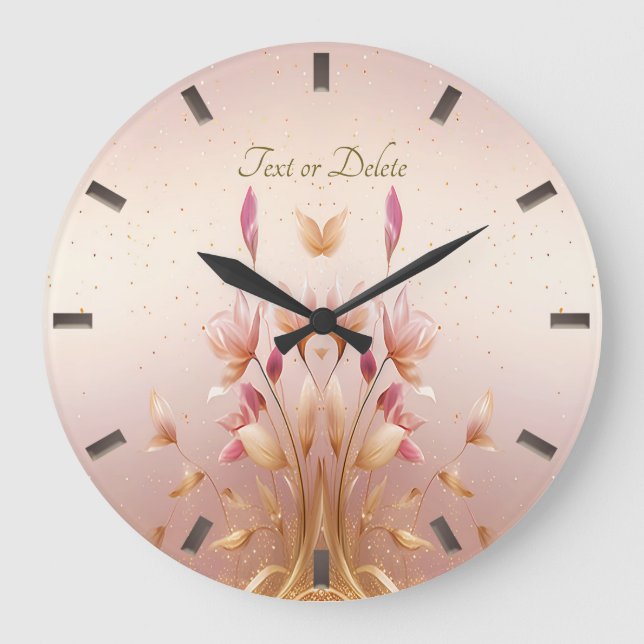 Rosa Golden Löv Blommigt Wall Clock Stor Klocka (Framsida)