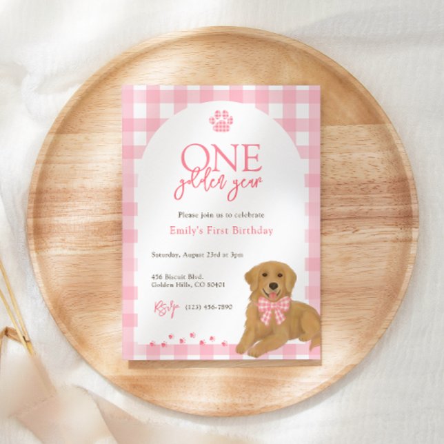 Rosa Golden Retriever Ett gyllene år Inbjudningar (Skapare uppladdad)