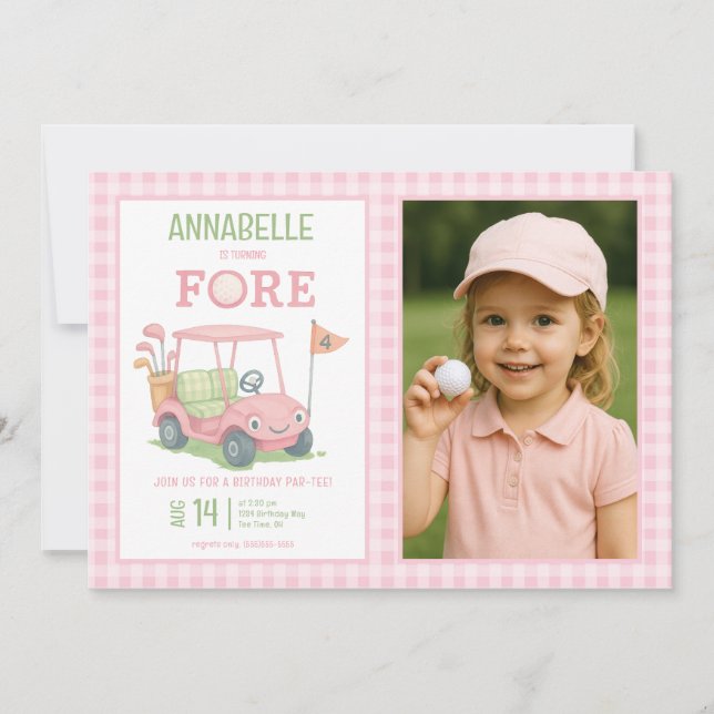 Rosa golf 4-års födelsedagsfoto inbjudningar (Framsida)