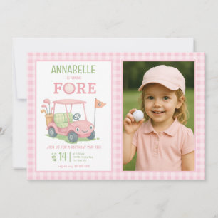 Rosa golf 4-års födelsedagsfoto inbjudningar