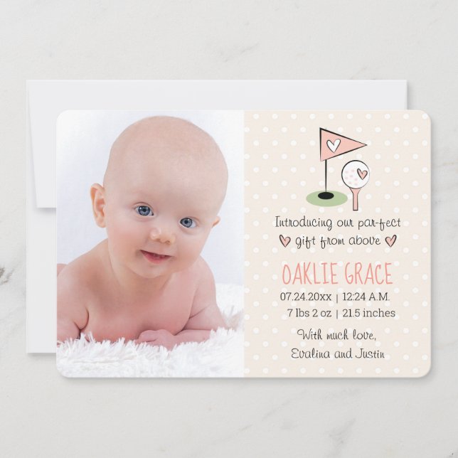 Rosa Golf Baby Announcement Girl Meddelande (Framsida)