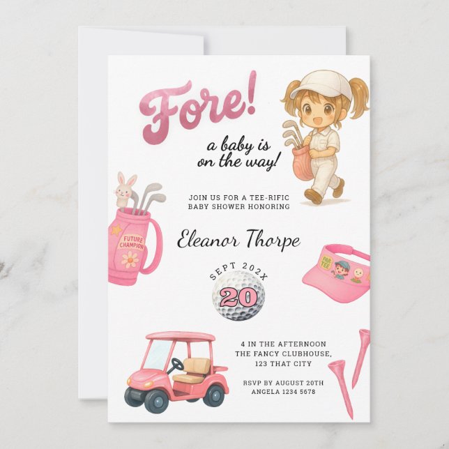 Rosa Golf Baby Shower-Rosa Inbjudningar (Framsida)