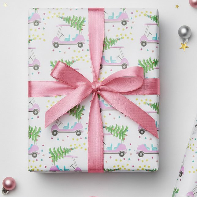 Rosa Golf Cart Julgran White Wrapping Papper Presentpapper (Fun pink golf cart with a Christmas tree on the roof. )