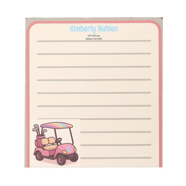Rosa Golf Cart Personlig Anteckningsblock (Framsida)