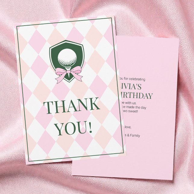 Rosa golf modern söta flickor 2-års födelsedagsfes tack kort (Pink Golf Modern Two Sweet Girl 2nd Birthday Party Thank You Card)