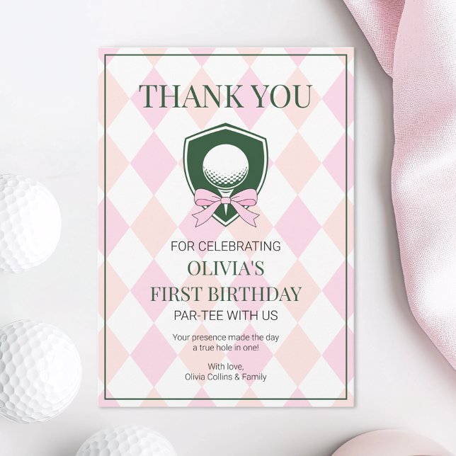Rosa Golf Modernt hål-i-ett Flicka 1-års födelseda Tack Kort (Pink Golf Modern Hole In One Girls 1st Birthday Thank You Card)