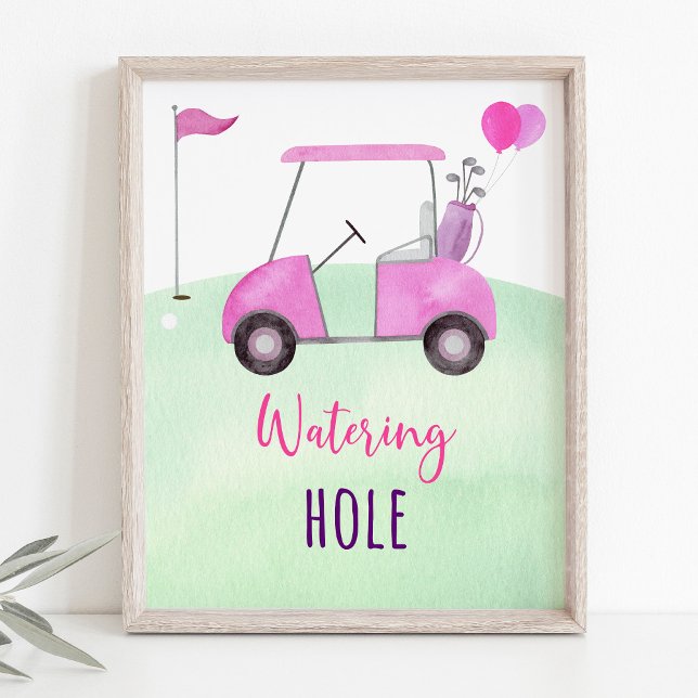 Rosa Golf Watering Hål Birthday Sign Poster (Skapare uppladdad)